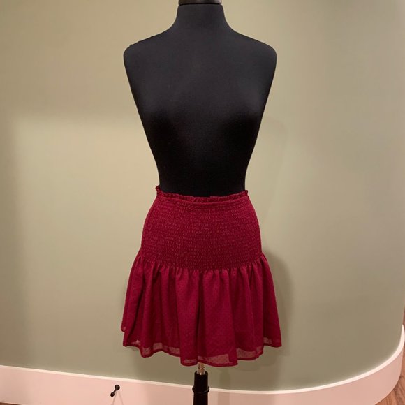 Aqua Skirts Aqua Smocked Mini Skirt Size S Burgundy With Black Pin Point Polka Dots Poshmark